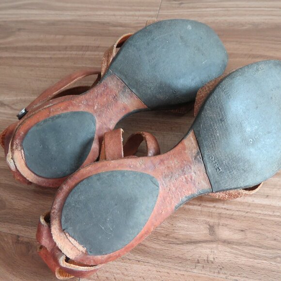 CYDWOQ VINTAGE Brown Leather Square Toe Ankle Strap Sandals Offbeat Quirky Boho - Picture 11 of 13